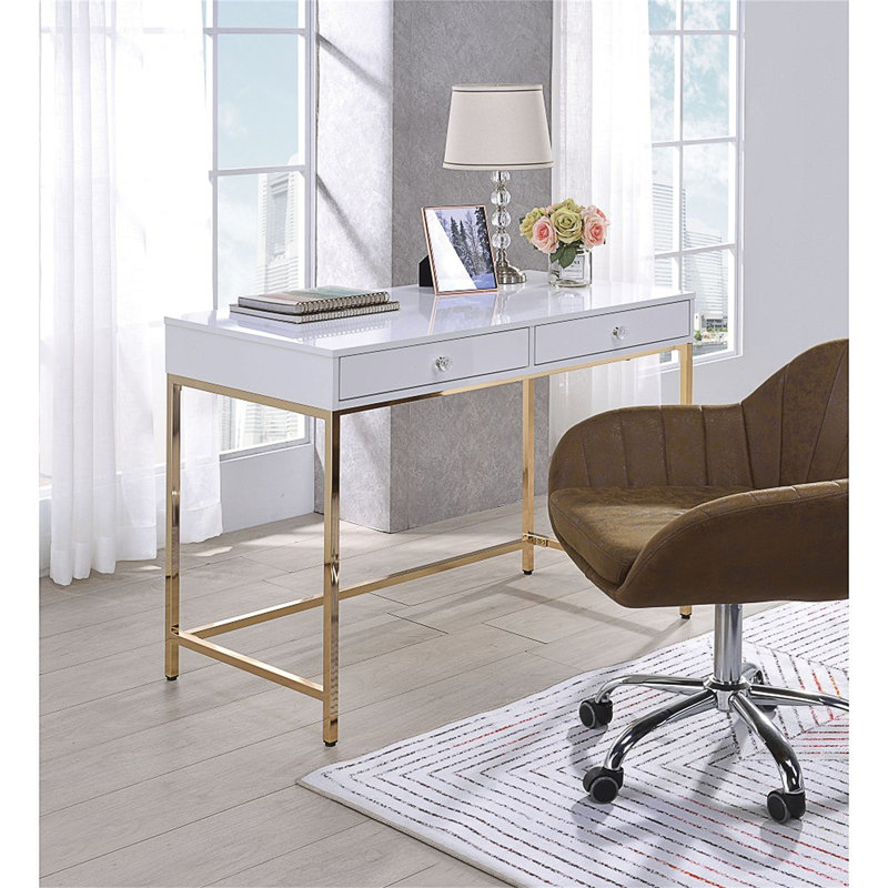 Tilomar 2 Drawers Writing Desk in White High Gloss and Gold